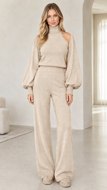 Beige oatmeal knit cutout turtleneck top and matching wide-leg pants set