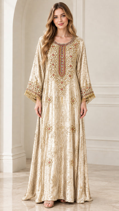 Front view of champagne gold embroidered crushed velvet kaftan maxi dress