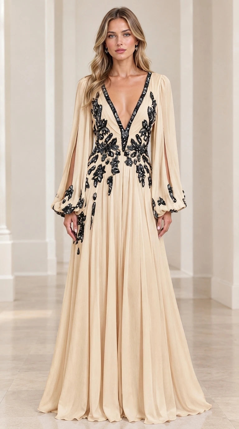 Model wearing champagne gold embroidered chiffon evening gown with slit sleeves