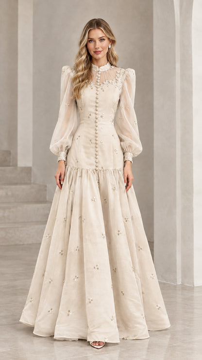 Champagne cream embroidered high neck maxi gown