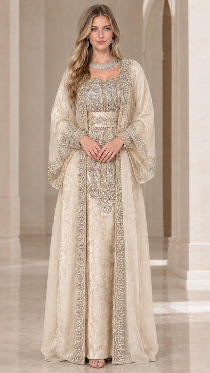 Full front view of champagne gold embroidered kaftan maxi dress