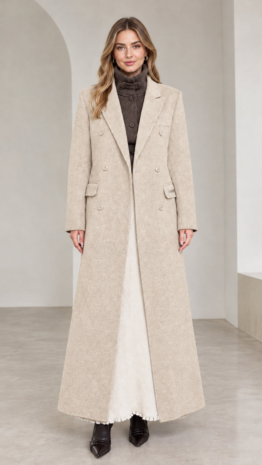 Front view of oatmeal beige double-breasted tailored floor-length coat