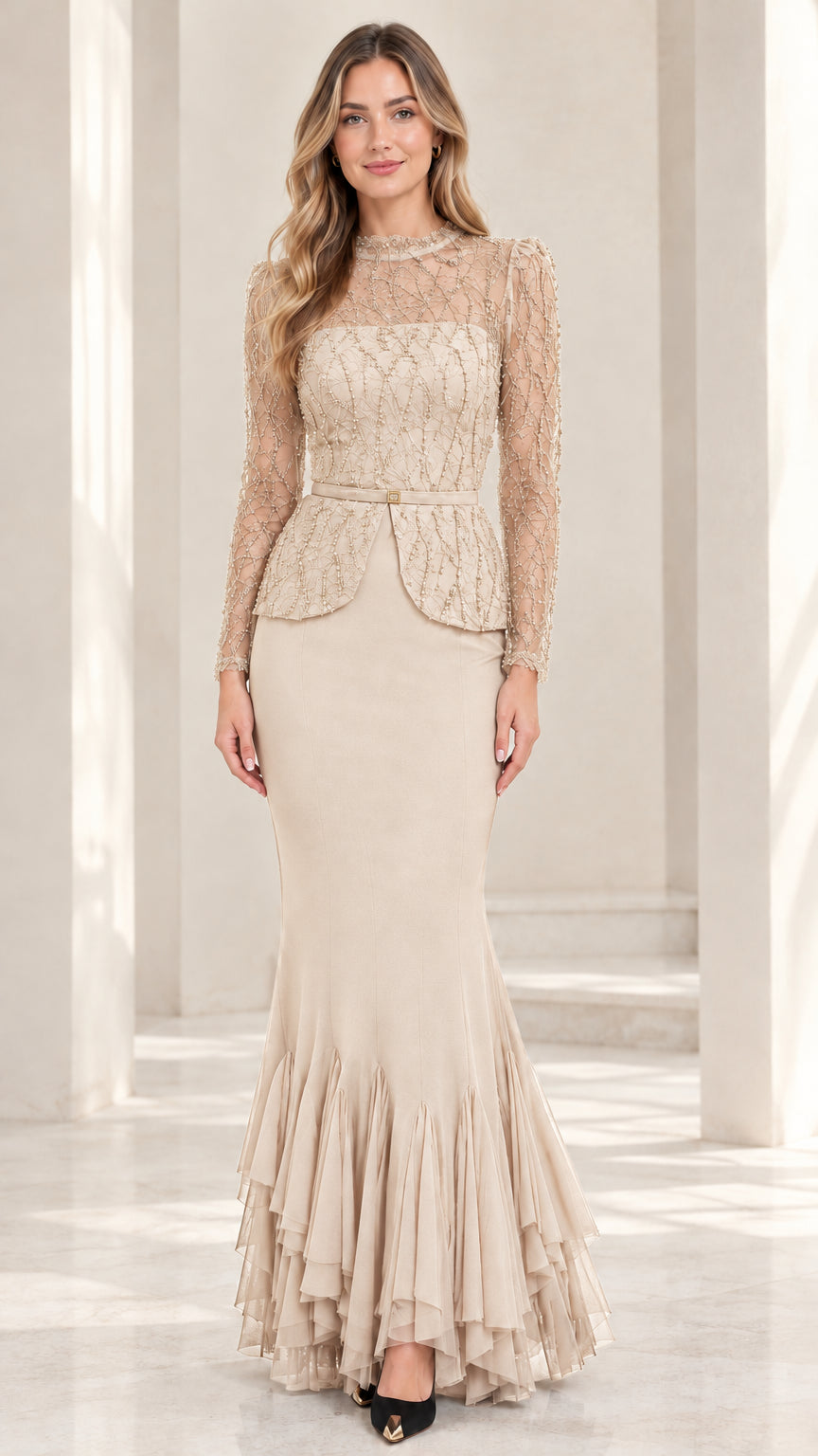 Champagne beige embellished lace peplum mermaid formal gown