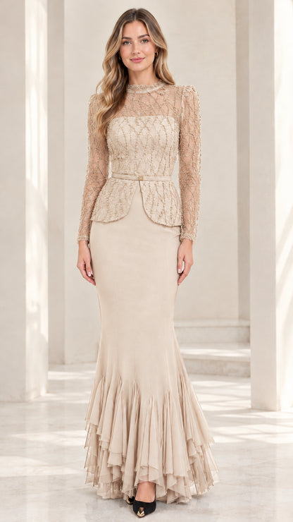 Champagne beige embellished lace peplum mermaid formal gown