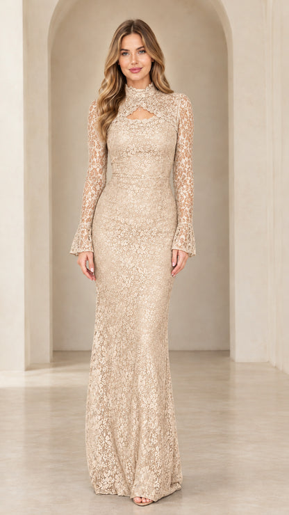 Champagne beige floral lace long sleeve maxi evening dress