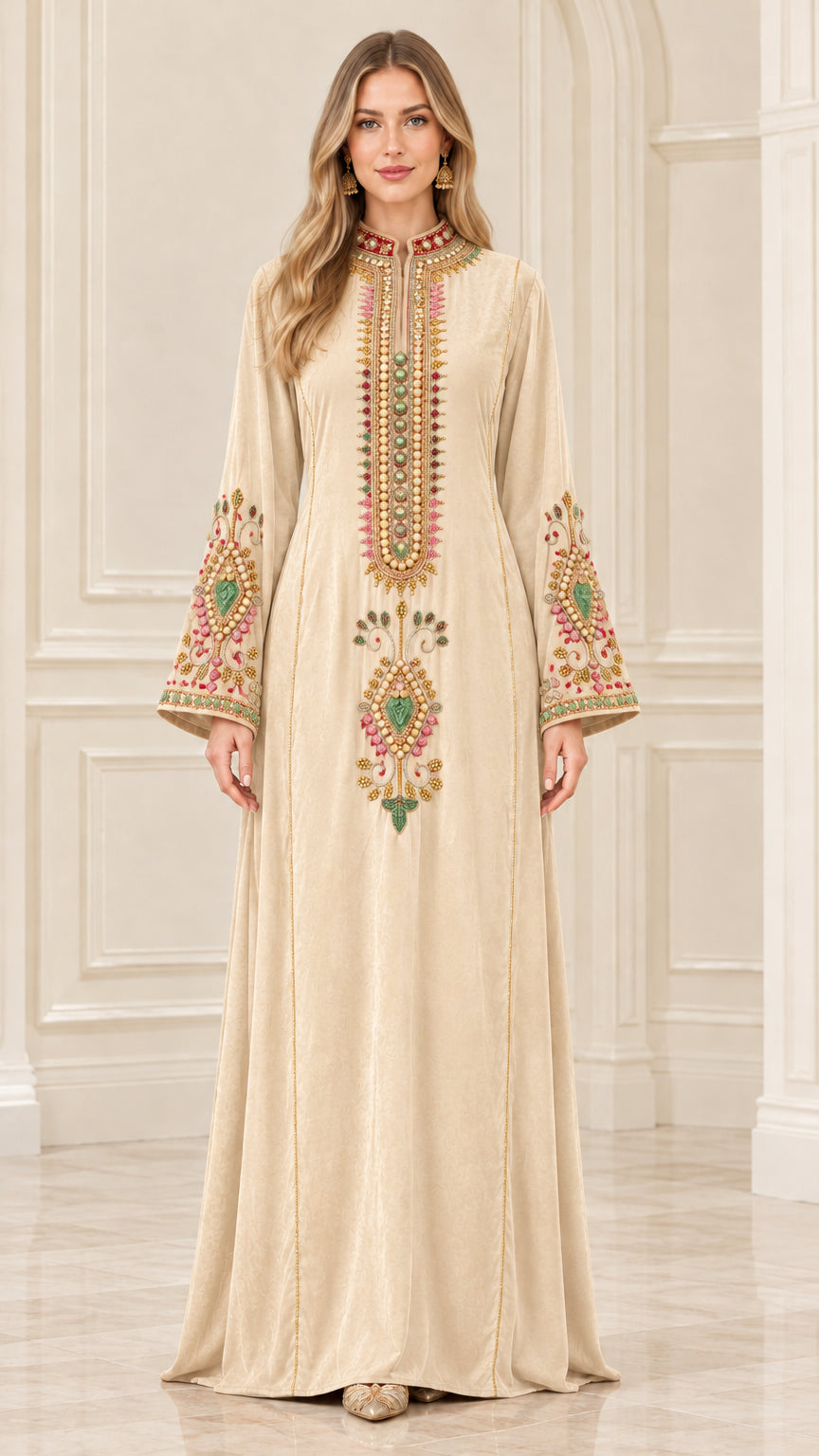 Full front view of champagne beige embroidered velvet kaftan evening dress