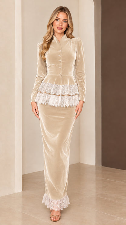 Full-length view of champagne beige velvet long-sleeve maxi dress with tiered lace hem
