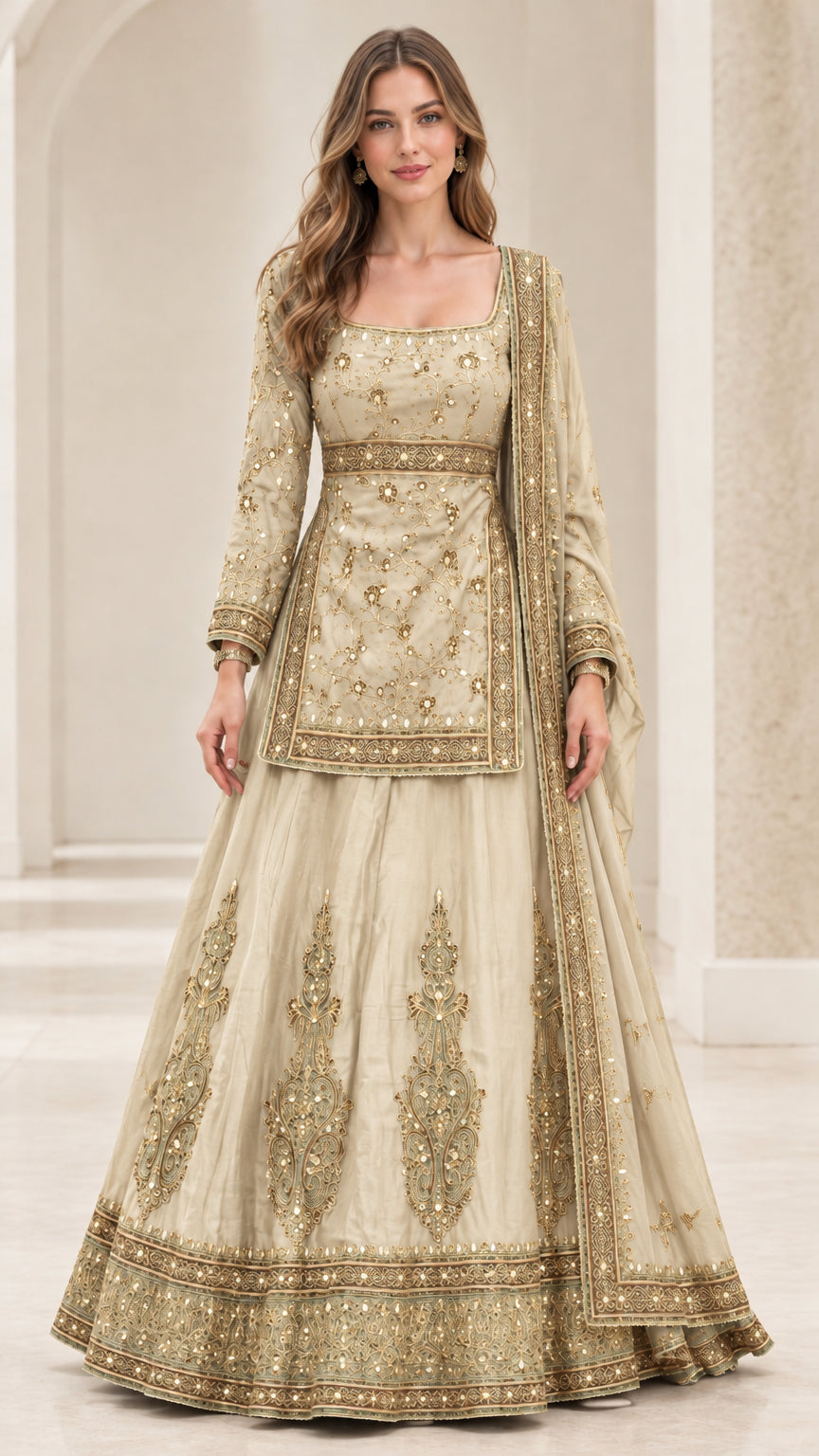 Champagne gold embroidered long sleeve kurti and lehenga skirt set