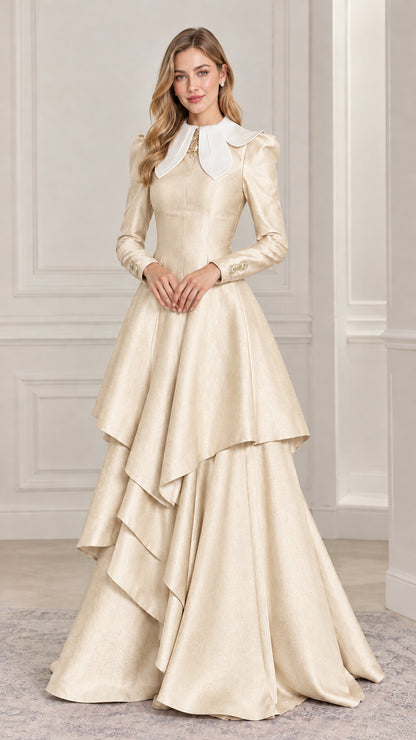 Full-length view of champagne beige tiered formal maxi dress with white collar