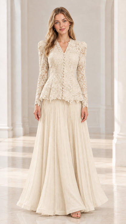 Champagne lace peplum pleated maxi evening gown