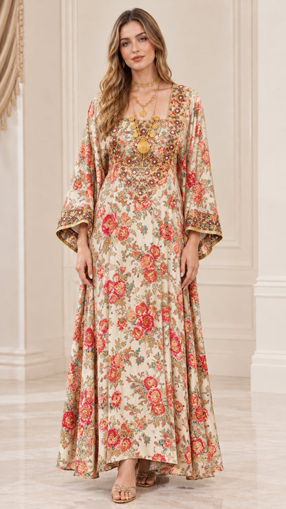 Front view of woman wearing champagne cream floral embroidered bell sleeve maxi dress