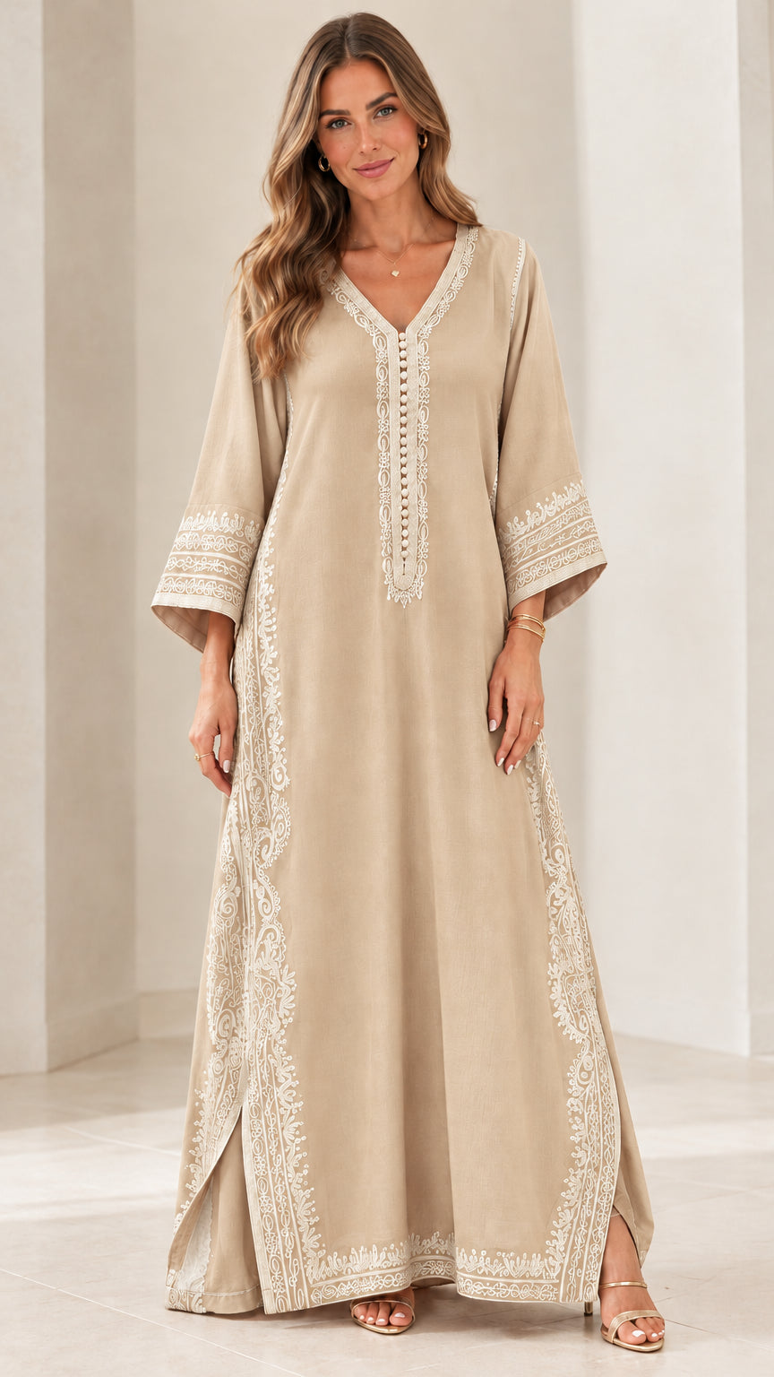 Full-length front view of beige champagne embroidered kaftan maxi dress