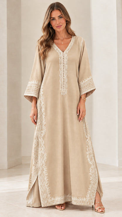 Full-length front view of beige champagne embroidered kaftan maxi dress
