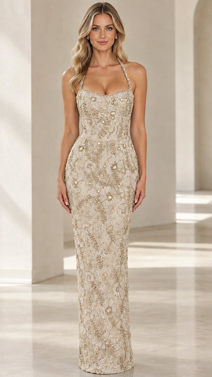 Front view of woman wearing Champagne floral beaded halter evening gown