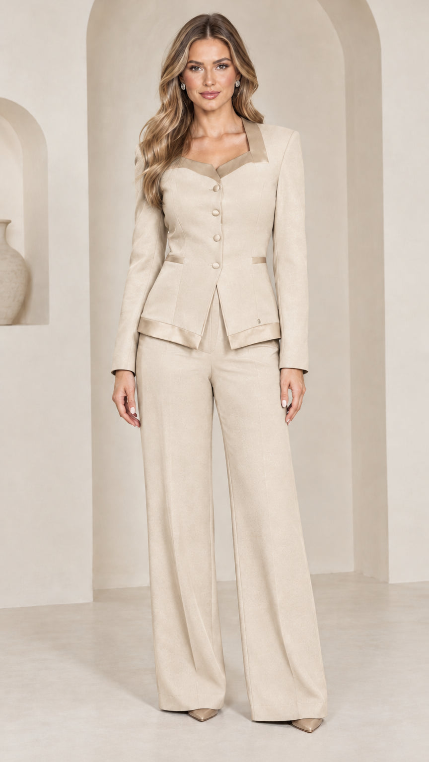 Front view of champagne beige satin-trimmed two-piece blazer and trouser suit set