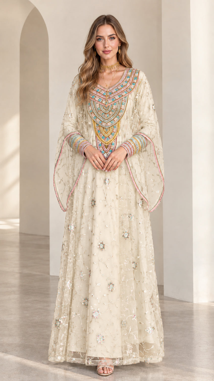 Full front view of cream champagne embroidered cape sleeve kaftan maxi dress
